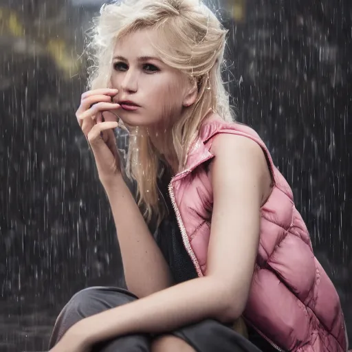 Prompt: a beautiful blonde woman sitting in the rain, wet vest, realistic, 8k resolution, hyperdetailed, highly detailed, real life, studio lighting, high quality