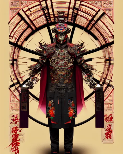 Image similar to portrait of a chinese masculine male cyberpunk machine, machine face, upper half portrait, decorated with chinese opera motifs, muscular, asian, fine china, wuxia, traditional chinese art intricate intense elegant 京 剧 highly detailed symmetry headpiece digital painting artstation concept art smooth sharp focus illustration, art by artgerm and greg rutkowski alphonse mucha 8 k