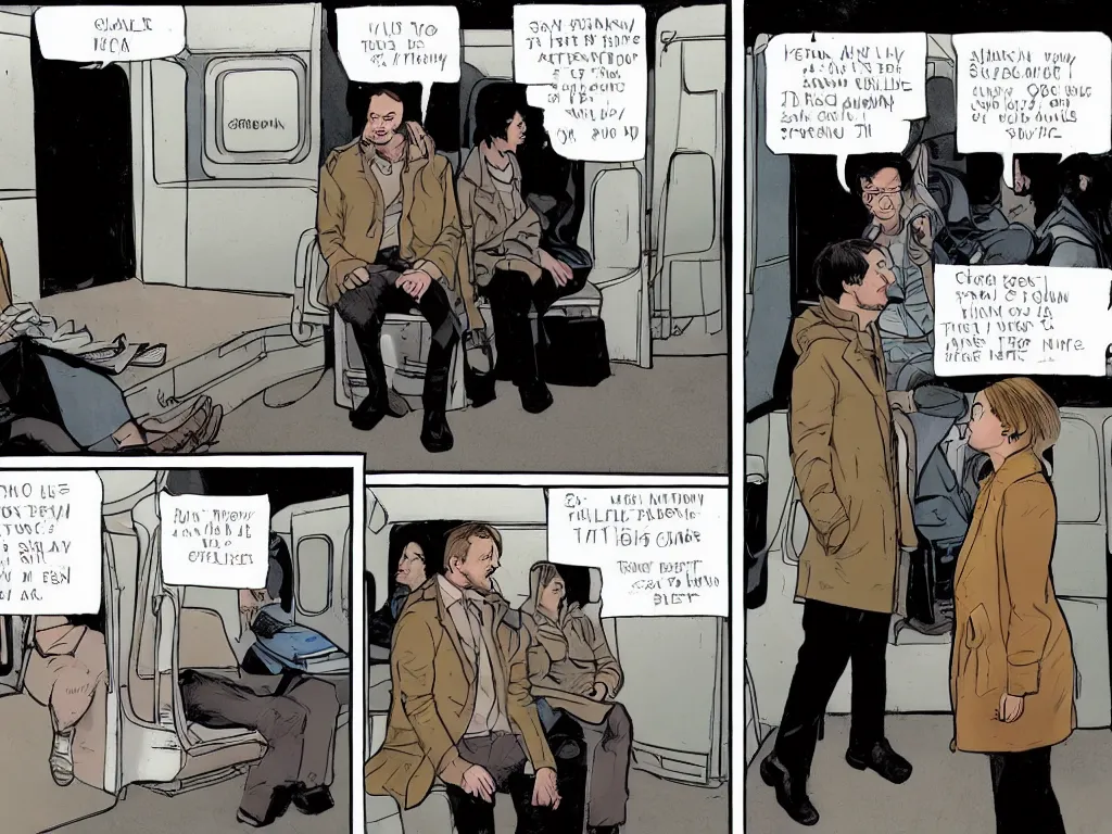 Image similar to a single comic panel by Geoff Darrow, 3/4 low angle view wide shot of two people sitting in an empty Chicago subway train, in front of windows: a sad Aubrey Plaza in a parka and a friendly Mads Mikkelsen in a suit