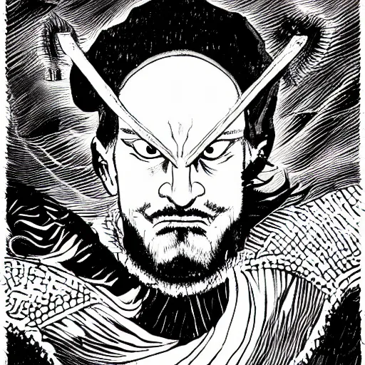 Image similar to black and white pen and ink!!!! rugged royal! nordic goetic Raiden x Frank Zappa golden!!!! Vagabond!!!! floating magic swordsman!!!! glides through a beautiful!!!!!!! battlefield dramatic esoteric!!!!!! pen and ink!!!!! illustrated in high detail!!!!!!!! by Junji Ito and Hiroya Oku!!!!!!!!! graphic novel published on 2049 award winning!!!! full body portrait!!!!! action exposition manga panel black and white Shonen Jump issue by David Lynch and Frank Miller beautiful line art Hirohiko Araki-s 150