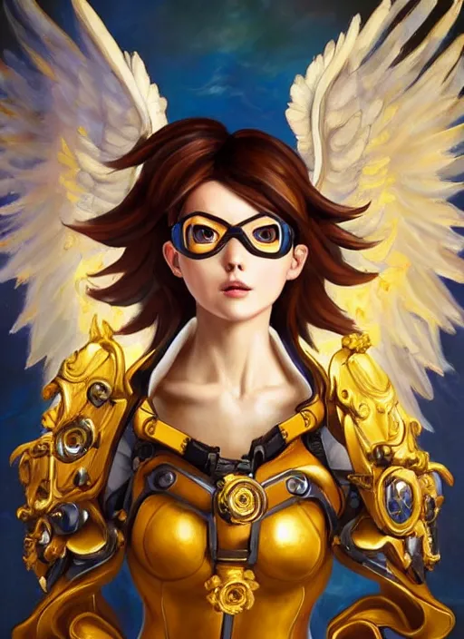 Image similar to full body oil painting of tracer overwatch in the style of sophie anderson, angel wings, angelic golden armor, dramatic painting, symmetrical composition, ornate, golden chains, high detail, gold detailed collar!!!!!, blooming, angelic, lights, flowers, heavenly, bright, detailed face,