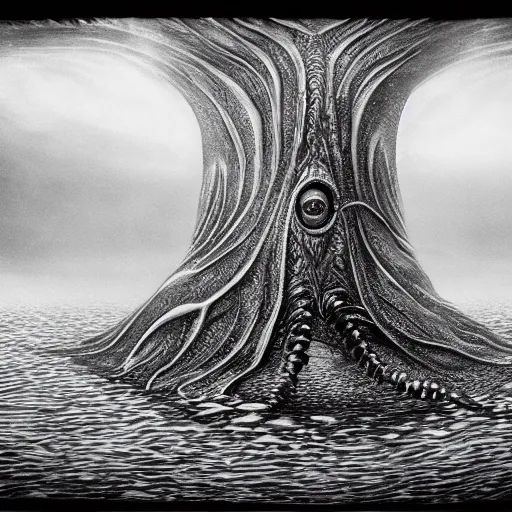 Image similar to a gigantic lovecraftian cyclope emerging from under the ocean, old 3 5 mm ilford black and white, photorealistic, anamorphic lens, highly detailed, high definition, hyperrealistic