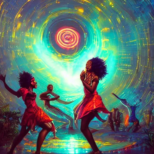 Prompt: african women dancing around a glowing, energized, steampunk neon portal near the electric tree of life in a lightning storm, by greg rutkowski, loish, rhads, and artgerm. oil on canvas, detailed and intricate environment, radiant lighting. highly detailed. masterpiece