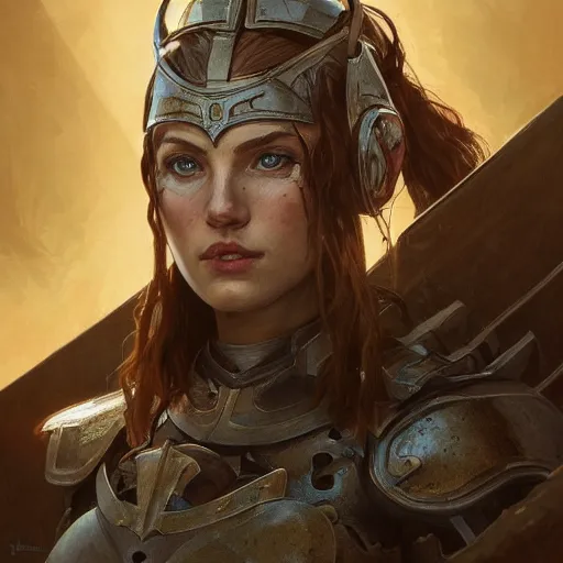 Prompt: front view portrait of a rugged female as a bruised knight with a shield and heavy armor, fantasy, intricate, headshot, highly detailed, digital painting, artstation, concept art, sharp focus, cinematic lighting, illustration, art by artgerm and greg rutkowski, alphonse mucha, cgsociety