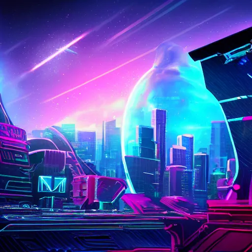 Image similar to synthwave neon city in space, cinematic, highly detailed, photograph, scifi