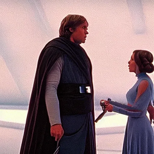 Image similar to Luke Skywalker teaches Leia in outfit at Jedi Temple scene from the last jedi, 2022, film by Stanley Kubrick, serene, iconic scene, stunning cinematography, hyper detailed, sharp, anamorphic lenses, kodak color film