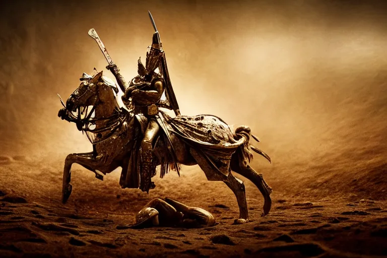 Prompt: the king in the desert dead on the ground, defeated, blood on sand, swords fallen to ground, fighting in a dark scene, gold sword, detailed scene, killed in war, blood spill, Armour and fallen Crown, highly detailed, blood and dust in the air, brutal battle, action scene, cinematic lighting, dramatic lighting, trending on artstation, elegant, intricate, character design, motion and action and tragedy, fantasy, D&D, highly detailed, digital painting, concept art