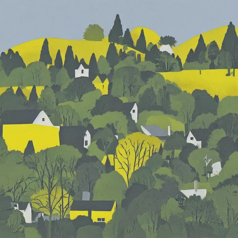 Prompt: This picture depicts a day in a rural city. The countryside is bright in the daylight, and is painted with a luminous yellow. The trees stand as striking silhouettes against the sky, which is painted in a soft blue. The houses, which are painted in dark grey, stand out against the green of the grass and the bright yellow of the trees.