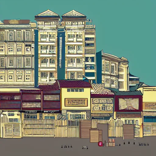 Image similar to a row of shophouses in singapore, art by laurie greasley