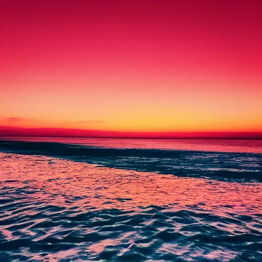 Prompt: “aesthetic picture of a gorgeous sunset at dawn by the ocean, Red hues, vibrant, sun, beach, reflective water, 4K image”