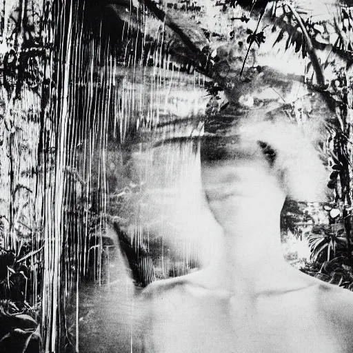 Prompt: photograph of a female model wearing camouflage by yohji yamaoto in a dense and misty jungle in the style of daido moriyama, camera obscura, 3 5 mm photography