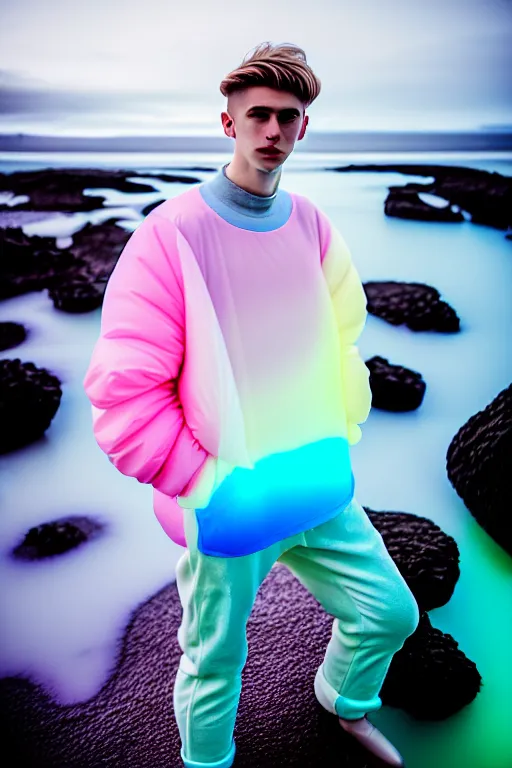 Image similar to high quality pastel coloured film mid angle portrait photograph of a beautiful young 2 0 year old male, soft features, short hair, perspex space visor and oversized inflated clothing!!!! icelandic black! rock pool environment. atmospheric three point light. photographic. art directed. ( pastel colours ). volumetric. clearcoat. waves. 8 k. filmic.