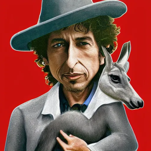 Image similar to bob dylan riding a kangaroo, photograph, high detail