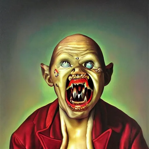 Prompt: oil painting with black background by christian rex van minnen robert williams todd schorr of a portrait of an extremely bizarre disturbing mutated man with acne intense chiaroscuro lighting perfect composition masterpiece