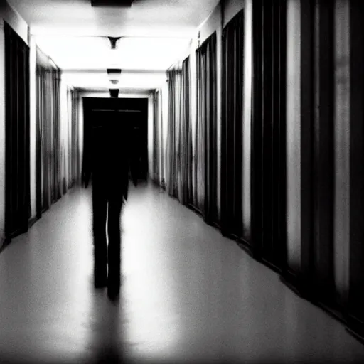 Prompt: photograph of an extremely dark narrow hallway with glowing humanoid monster made out of tv static, dark deep black shadows, red and black color contrast in the style of trevor henderson