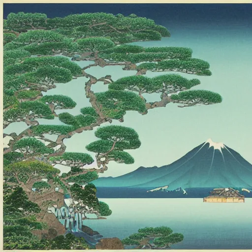 Prompt: a beautiful landscape with tropical islands and pandas on it, Kawase, Hasui