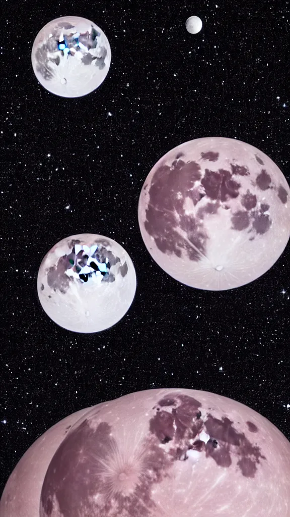 Prompt: two white moons orbiting each other, pink and blue light, dark nebula in s - shape, many small white stars in the background