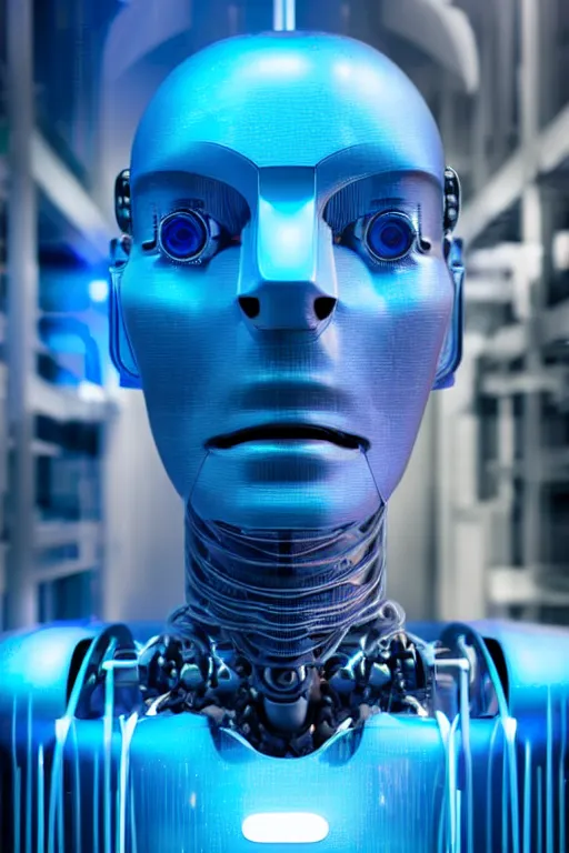 Prompt: hyperrealistic medium close - up robot in data center highly detailed concept art eric zener elson peter cinematic hard blue lighting high angle hd 8 k sharp shallow depth of field, inspired by david paul cronenberg and zdzisław beksinski