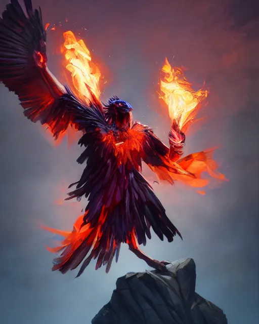 Prompt: oil painting of a Anthropomorphized raven shaman throwing fireball, sharp focus, heroic pose, fantasy style, octane render, volumetric lighting, 8k high definition, by greg rutkowski, highly detailed, trending on art Station, magic the gathering artwork, Mountain background, centered