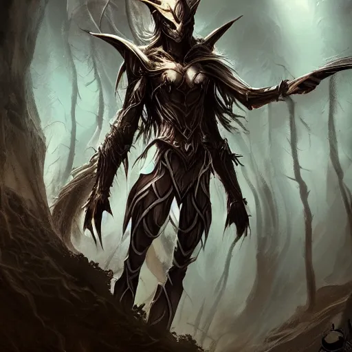 Image similar to dark fantasy concept of elven tree elf god, with dark steel and eldritch wood armor on a mountain, cinematic, dynamic lighting, photorealistic, ultra detailed, trending on art station, stunning visuals, creative, hyper detailed