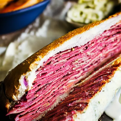 Prompt: wide open flaky pastrami leaking white bechamel sauce, close up food photography