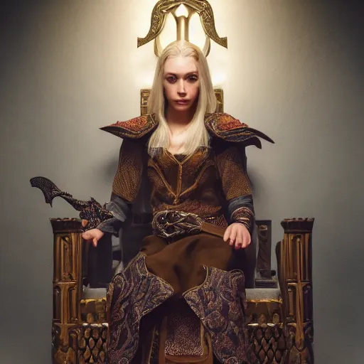 Image similar to the elder scrolls vi, charismatic regal blonde high elf female jarl, portrait, exquisitely designed throne room, atmospheric lighting, painted, intricate, volumetric lighting, beautiful, daytime, sunny weather, sharp focus, deep colours, ultra detailed, by leesha hannigan, ross tran, thierry doizon, kai carpenter, ignacio fernandez rios