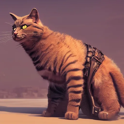 Image similar to cat as a mad max villain, concept art, octane render, unreal engine 5, highly detailed, high quality, 8 k, soft lighting, realistic face, path traced