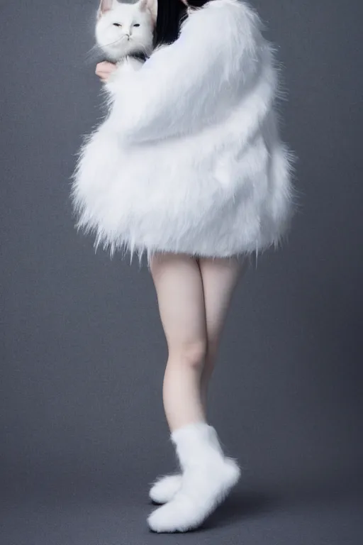 Prompt: full body aesthetic photograph of a beautiful young japanese woman in a furry white cat costume, cosplay, by Nick Knight, realistic, photorealistic, HD, 4k resolution