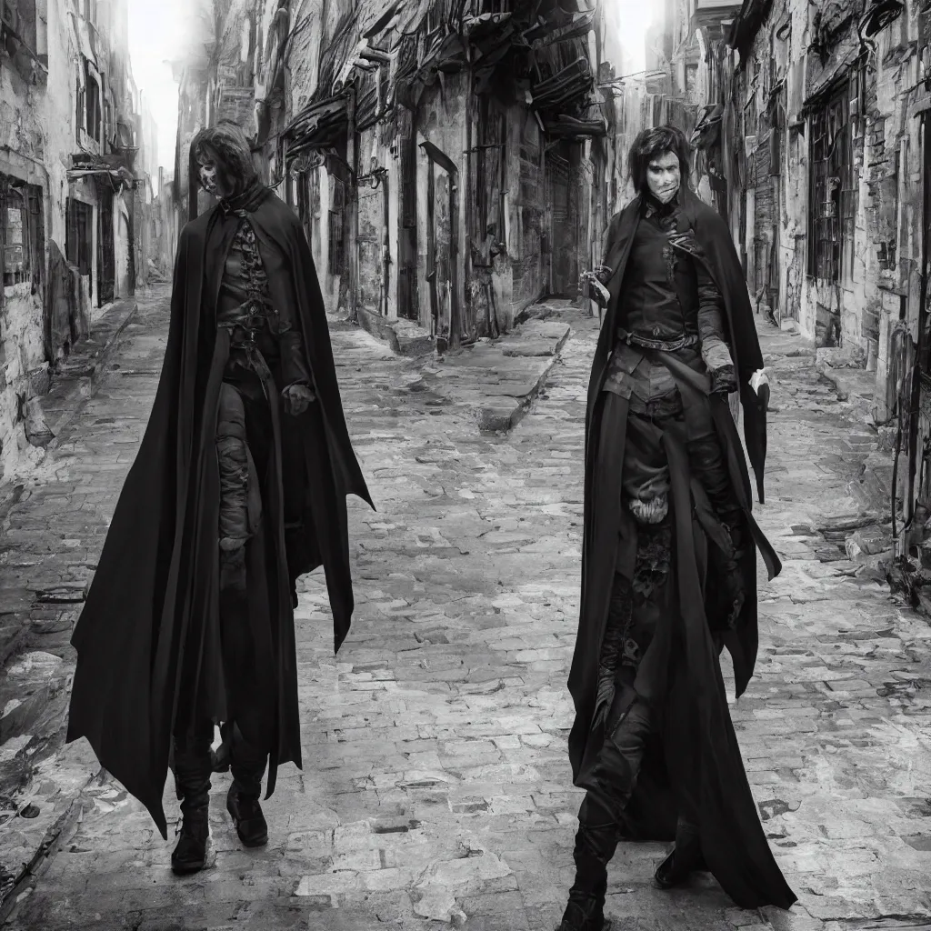 Prompt: a vampire thief wearing a cloak and covered in bandages walking through an alley, cinematic, highly detailed