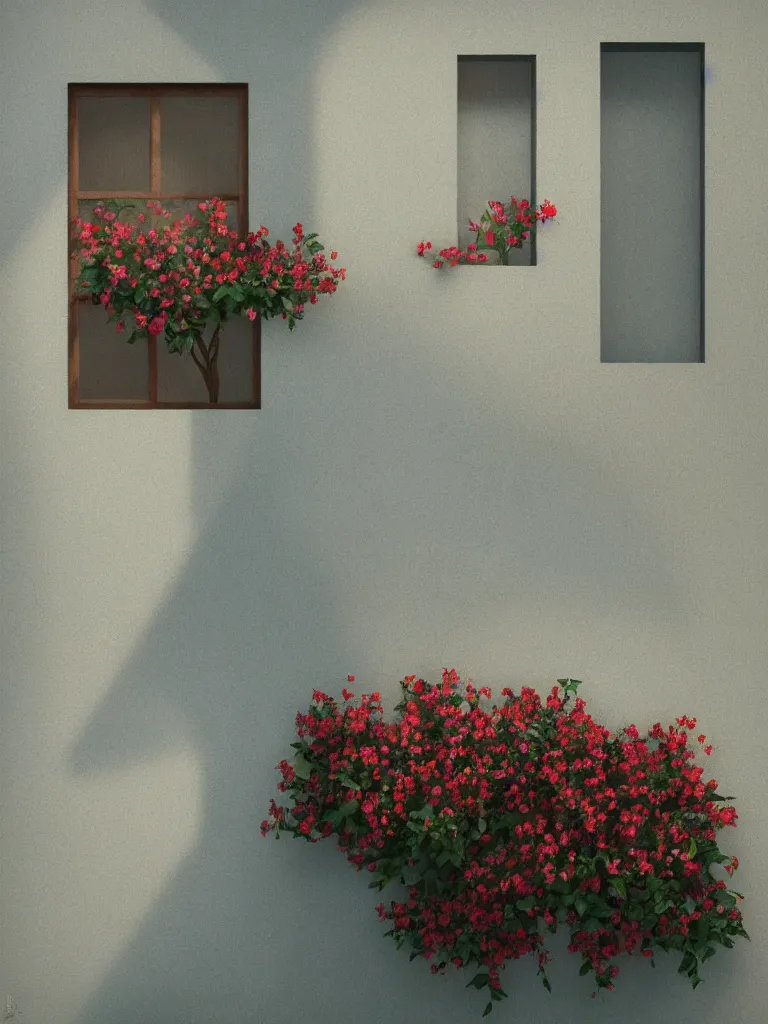 Image similar to a single old house window with a vase of red flowers with view to a sunrise, blue wall, a wooden chair near the window, concept art, octane render, unreal engine 5, trending on deviantart, highly detailed, high quality, hd, digital painting, masterpiece, geometric, symmetrical, low contrast, beautiful, high coherence, natural lighting, intense lighting