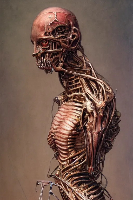 Prompt: beautiful oil painting of biomechanical sculpture of human machine by wayne barlowe, rembrandt, complex, stunning, realistic skin color, 4 k, high res, awardwinning, masterpiece, realistic lighting