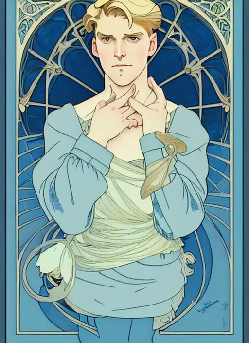 Image similar to art nouveau portrait of a pretty young man with short blond hair, light blue eyes, sad expression, scared, head down, natural lighting, path traced, highly detailed, high quality, cartoon, digital painting, by don bluth and ross tran and studio ghibli and alphonse mucha