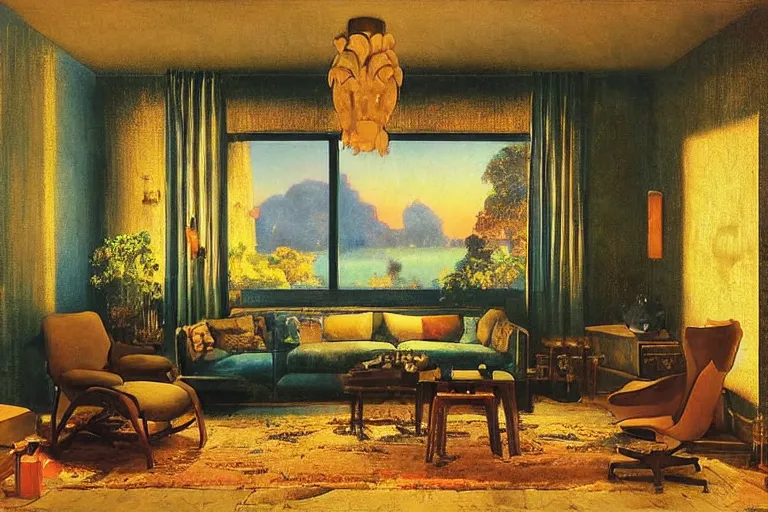 Prompt: neon sunset in a tastefully decorated living room with dark luxurious furnishings, and a mix of antique and modern furniture, and a mix of concrete and wood finishes, soft focus cinematic still, dark dreamy sunset dappled light by maxfield parrish