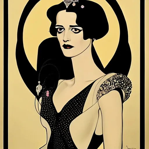 Image similar to black and white portrait of the young actress, eva green as queen of the emerald dead, comic art by joshua middleton, art by coles phillips, vamp, elegant, decadent, stylised comic art, klimt, mucha, 1 9 7 0 s poster,