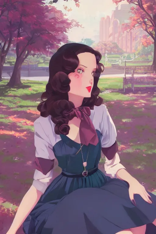 Prompt: portrait of a beautiful girl with dark hair dressed in 1940's fashion, park background, rich vivid colors, ambient lighting, dynamic lighting, 4k, official media, anime key visual, makoto shinkai, ilya kuvshinov, lois van baarle, rossdraws, detailed, trending on artstation