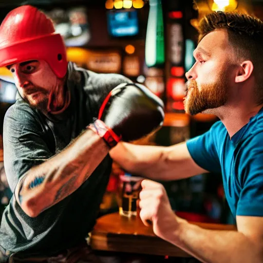 Prompt: 90mm color photo of a man punching another man at the local pub