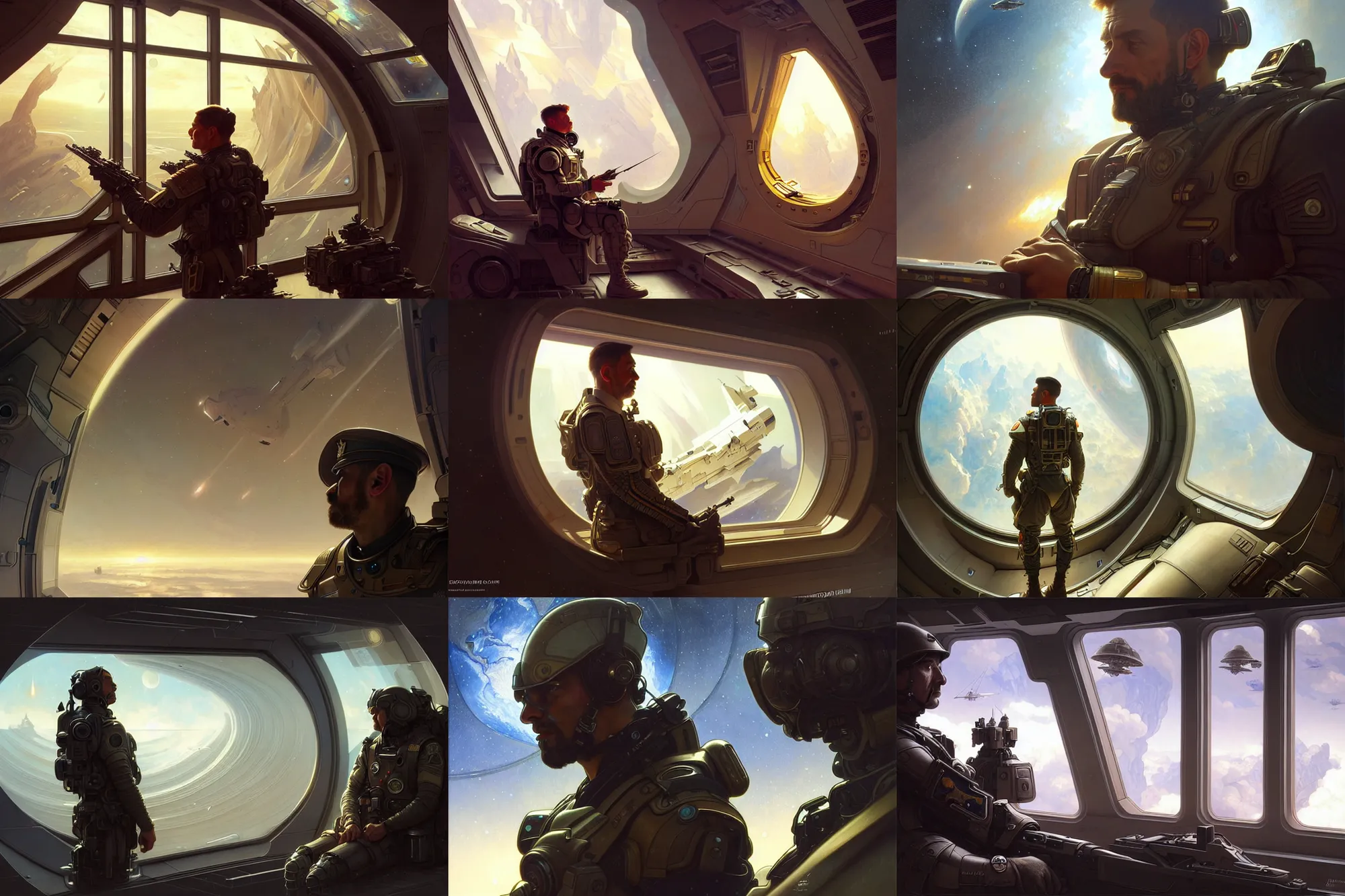 Prompt: ultra realistic illustration, male military commander, looking out a spaceship's window at earth, intricate, elegant, highly detailed, digital painting, artstation, concept art, smooth, sharp focus, illustration, art by artgerm and greg rutkowski and alphonse mucha