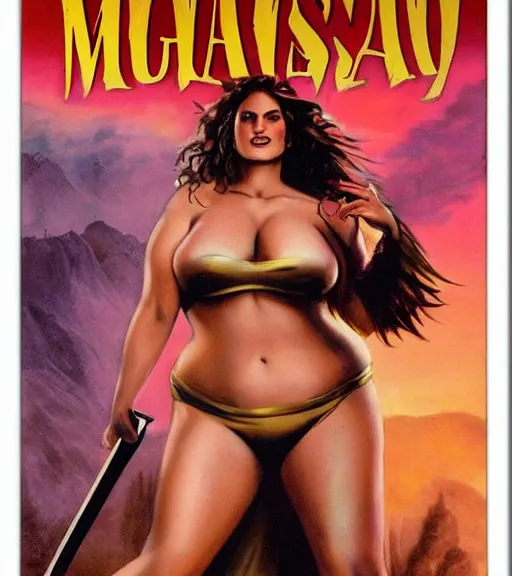 Image similar to 1 9 8 0 s fantasy novel book cover, bbw plus size amazonian natalie portman in extremely tight bikini armor wielding a cartoonishly large sword, exaggerated body features, dark and smoky background, low quality print