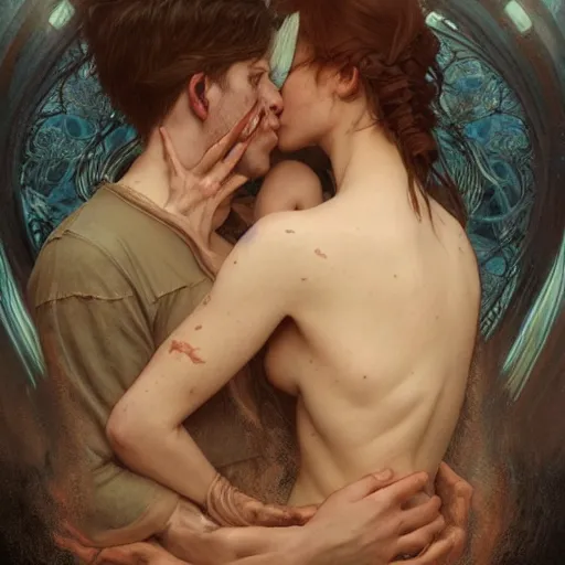 Prompt: portrait painting of man biting woman neck, ultra realistic, concept art, intricate details, eerie, highly detailed, photorealistic, octane render, 8 k, unreal engine. art by artgerm and greg rutkowski and alphonse mucha