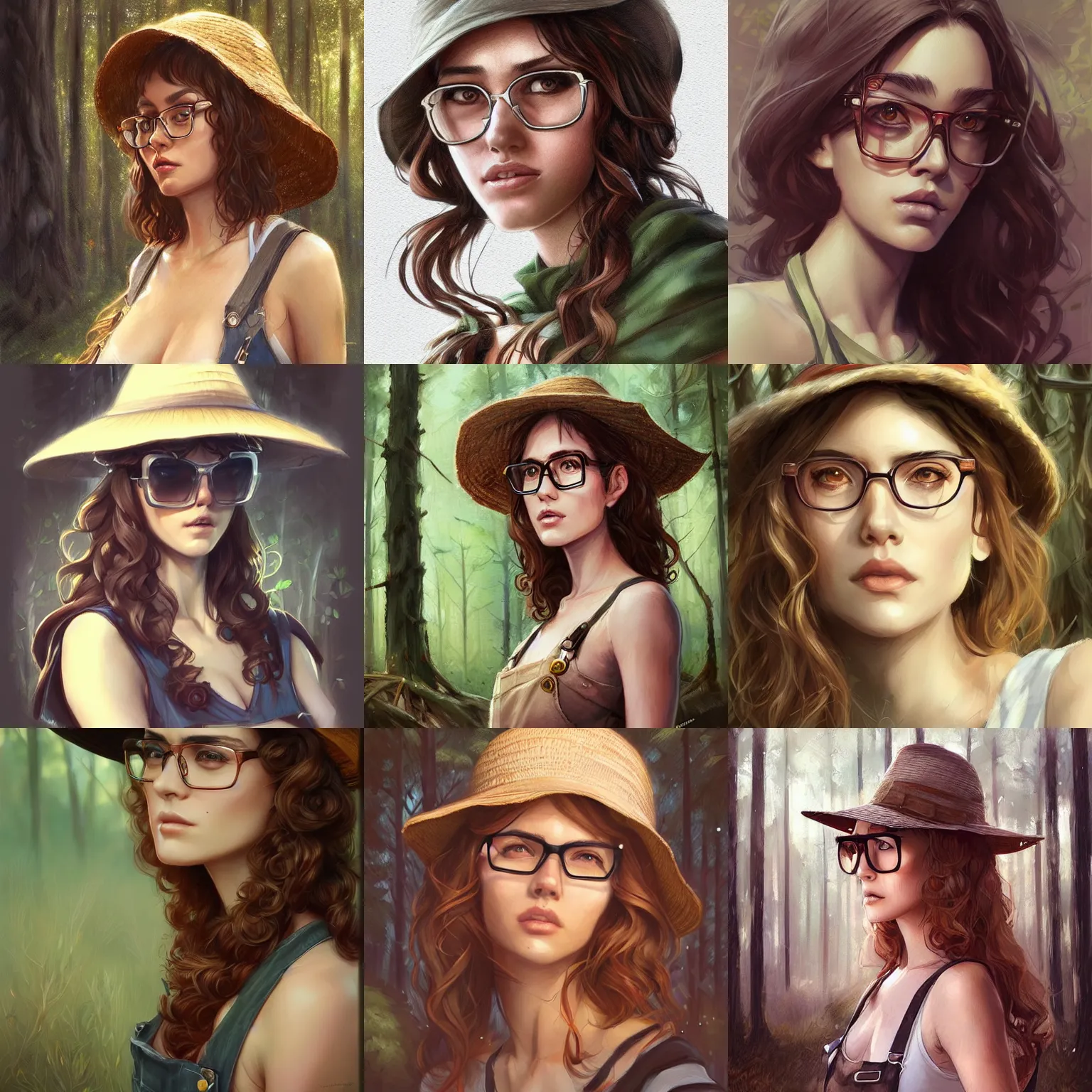 Prompt: woman, art by artgerm and greg rutkowski and magali villeneuve, portrait, highly detailed, forest background, digital painting, artstation, concept art, sharp focus, illustration, overalls, straw hat, glasses, long curly brown hair