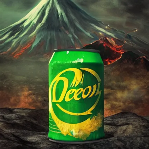 Image similar to Frodo throwing can of Mountain Dew into Mt Doom, photorealistic, film