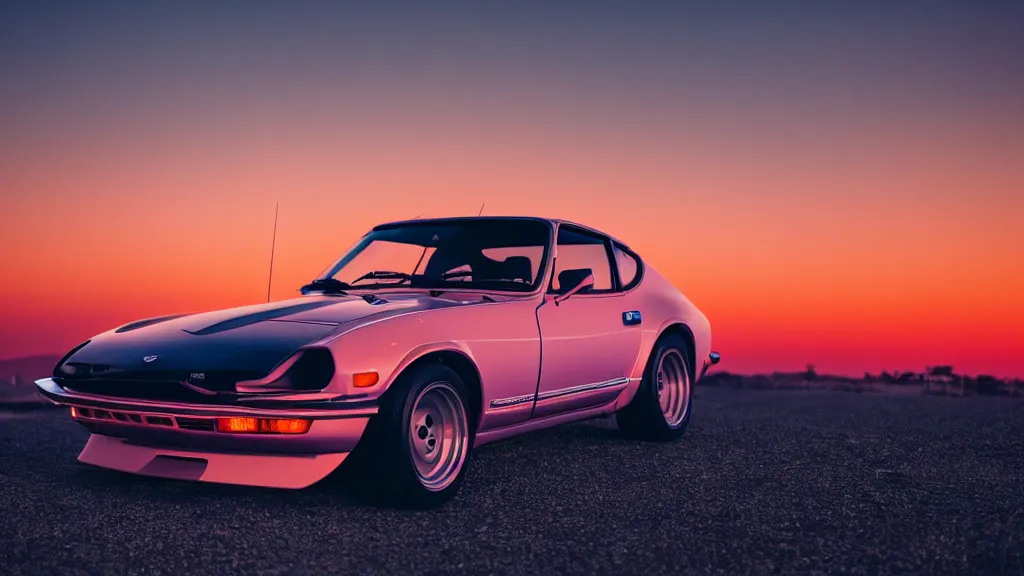 Prompt: synthwave datsun 2 4 0 z at sunset, 8 k. filling of the view