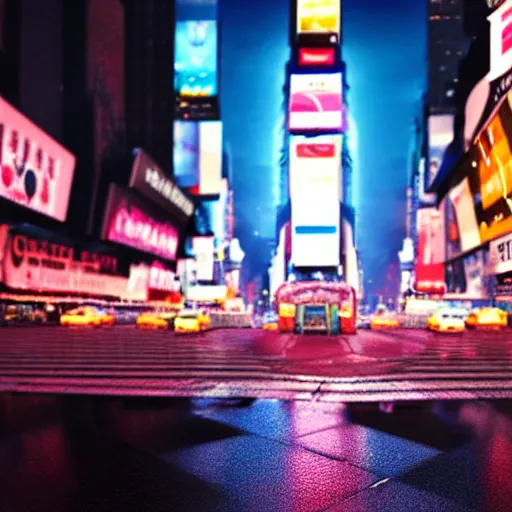 Prompt: toast in the road, times square, night time, raining, neon light, romantic, ultra realistic, unreal engine, 4k, artstation
