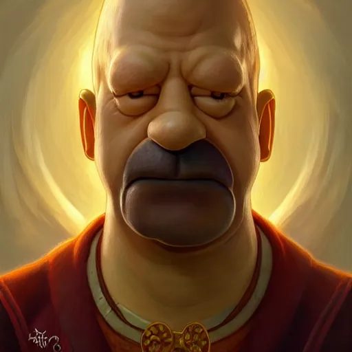 Image similar to portrait of homer simpson, d & d, fantasy, intricate, elegant, highly detailed, digital painting, artstation, concept art, smooth, sharp focus, illustration, art by artgerm and greg rutkowski and alphonse mucha