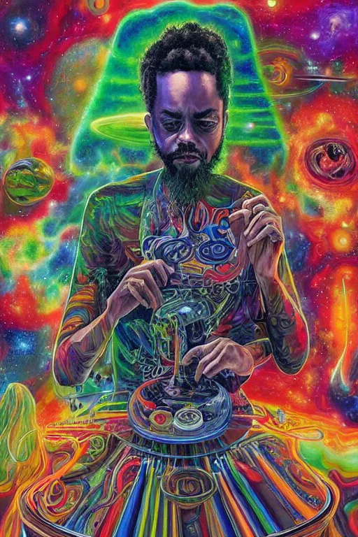 Image similar to a high hyper detailed painting with many complex textures of damian marley making music in the cosmos, cosmic surreal psychedelic magic realism spiritual ufo art