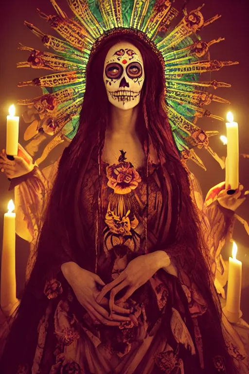 Image similar to heliography, virgin mary in dia de muertos dress and make up, horrific beautiful vibe, evocative, atmospheric lighting, painted, intricate, highly detailed, leesha hannigan, wayne haag, reyna rochin, ignacio fernandez rios, mark ryden, iris van herpen, stunning, gorgeous, sharp focus, cinematic, masterpiece