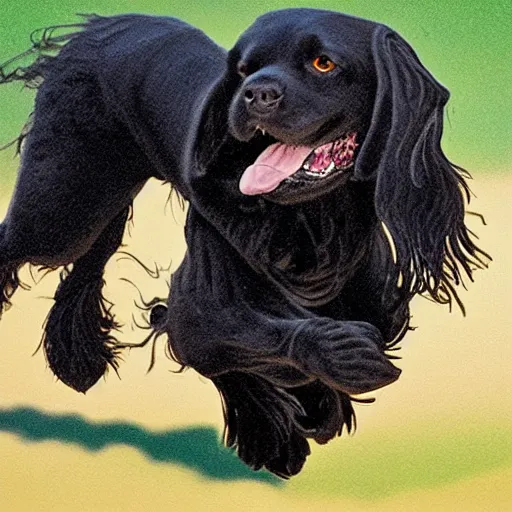 Prompt: a black cocker spaniel jumping, children's illustration