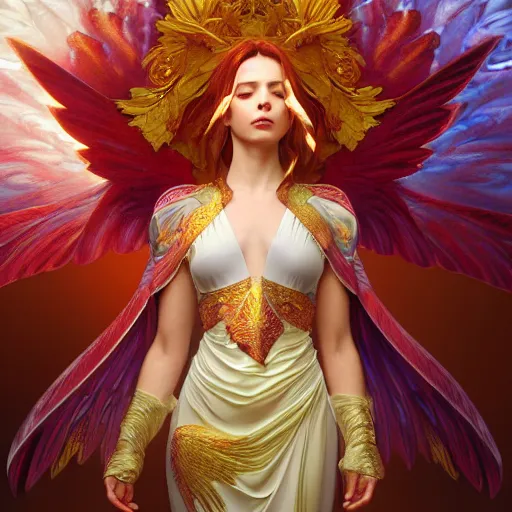 Prompt: a beautiful orchid phoenix angel woman, in an ornamented dress with large wings, volumetric light, god rays, 8 k high resolution, rubies, by greg rutkowski, artgerm, alphonse mucha