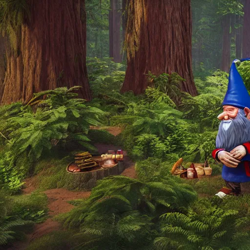 Image similar to a alchemist gnome buffing his gnome allies in a redwood forest, unreal engine, octane render, realistic, matte painting, masterpiece