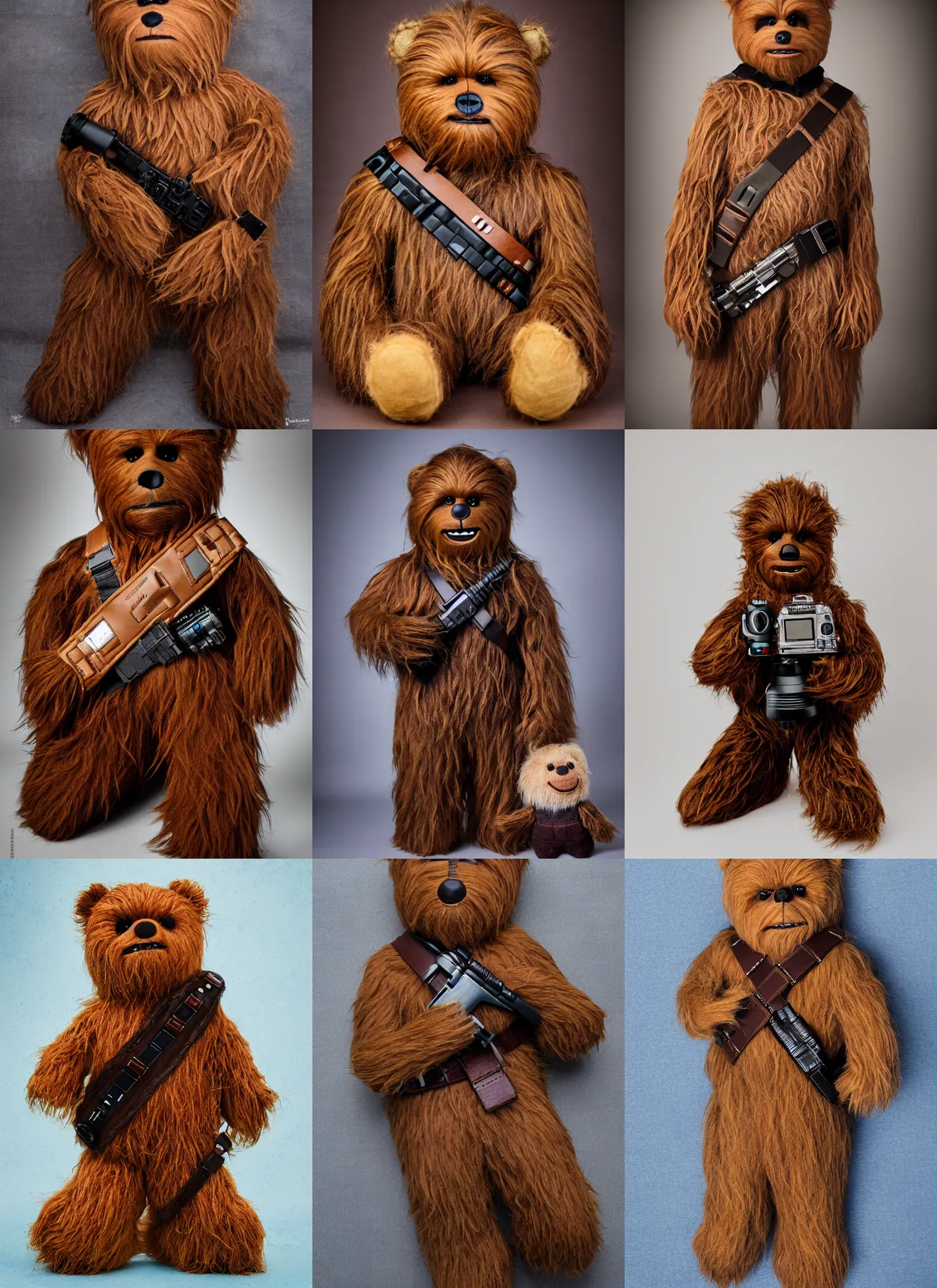 Prompt: teddy bear as chewbacca wearing chewbacca's bandolier, stuffed toy, product photo, jellycat, dslr, studio lighting, annie leibovitz